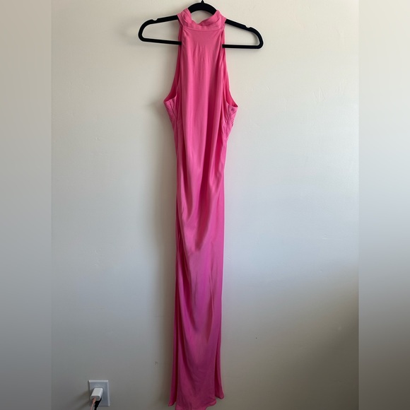 NWT Meshki Claire Satin Drape Back Maxi Dress with Split - Pink Size XL - Picture 3 of 8